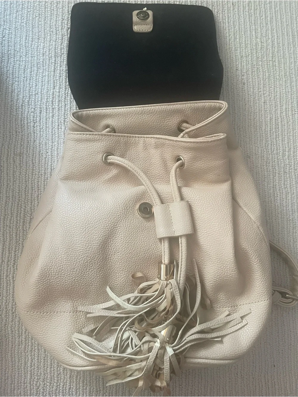 Beige Leather Tassel Drawstring Backpack - Women b28